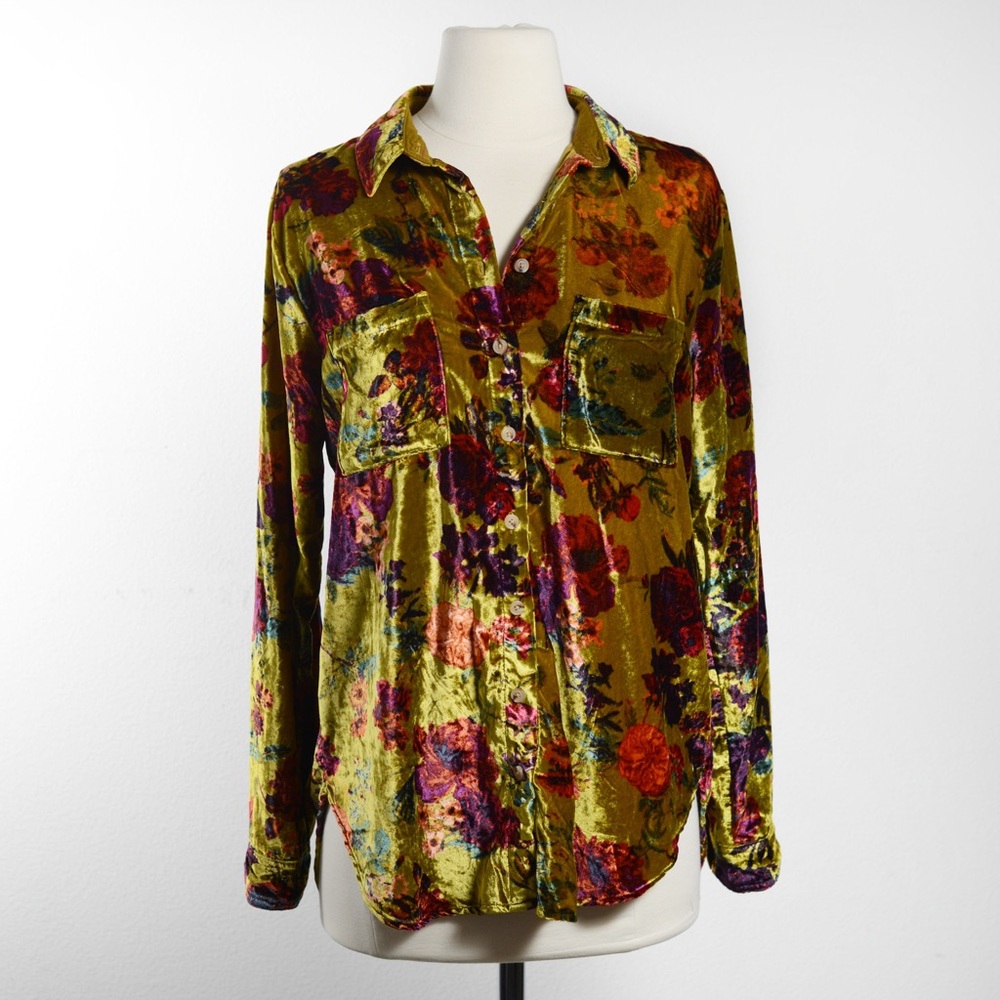 Pilcro Floral Velvet Button-Up Shirt